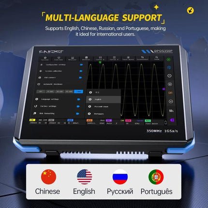Fnirsi 7-Inch Portable Oscilloscope Tablet for Electronics Analysis showing waveform display and multi-language support