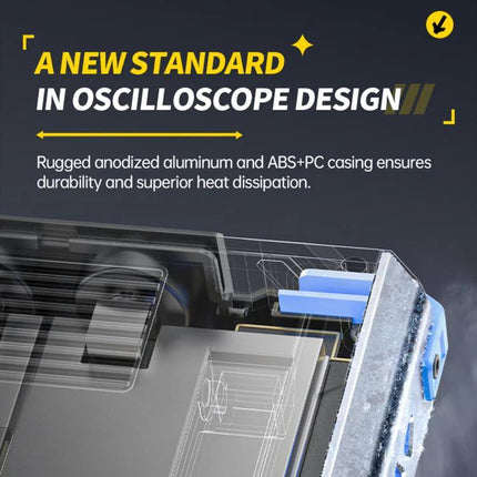 Fnirsi 7-Inch Portable Oscilloscope Tablet for Electronics Analysis showing rugged anodized aluminum and ABS+PC casing design with touch interface