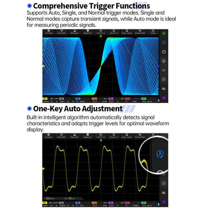 Fnirsi 7-Inch Portable Oscilloscope Tablet for Electronics Analysis - touchscreen waveform display showing trigger functions and one-key auto adjustment