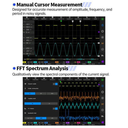 Fnirsi 7-Inch Portable Oscilloscope Tablet for Electronics Analysis showing manual cursor measurement and FFT spectrum analysis screens