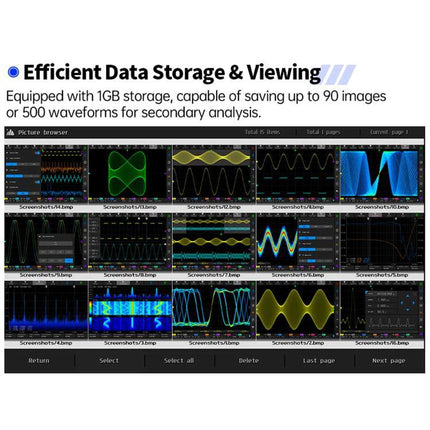 Fnirsi 7-Inch Portable Oscilloscope Tablet for Electronics Analysis showing waveform thumbnails and data storage interface