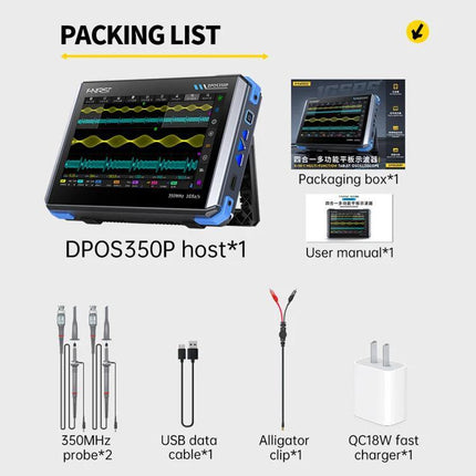 Fnirsi 7-Inch Portable Oscilloscope Tablet for Electronics Analysis showing device, probes, USB cable, alligator clip and QC18W charger in packing list