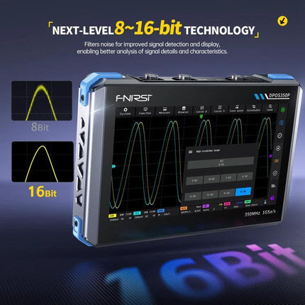 Fnirsi 7-Inch Portable Oscilloscope Tablet for Electronics Analysis showing 16-bit waveform display and touch interface for field and lab signal testing