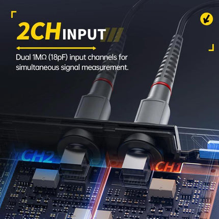 Fnirsi 7-Inch Portable Oscilloscope Tablet for Electronics Analysis showing 2CH input probes connected to circuit board for dual-channel signal measurement