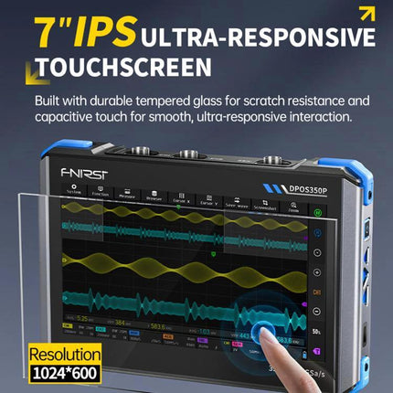 Fnirsi 7-Inch Portable Oscilloscope Tablet for Electronics Analysis showing 7-inch IPS touchscreen with waveforms and touch interaction