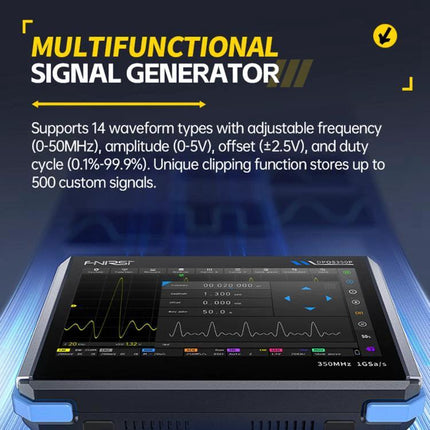 Fnirsi 7-Inch Portable Oscilloscope Tablet for Electronics Analysis showing touchscreen waveform and multifunctional signal generator