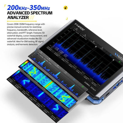 Fnirsi 7-Inch Portable Oscilloscope Tablet for Electronics Analysis showing spectrum analyzer screens and waterfall plots