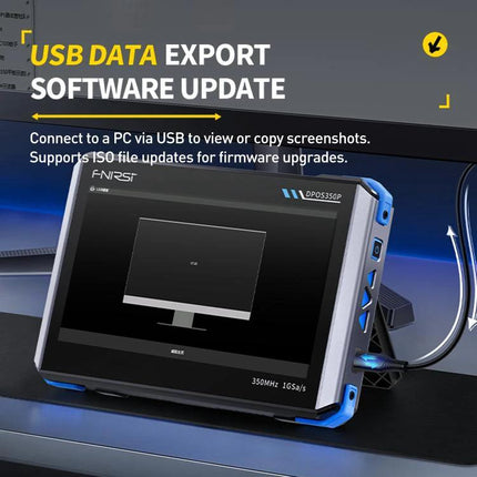 Fnirsi 7-Inch Portable Oscilloscope Tablet for Electronics Analysis showing USB data export and software update screen on a portable oscilloscope tablet