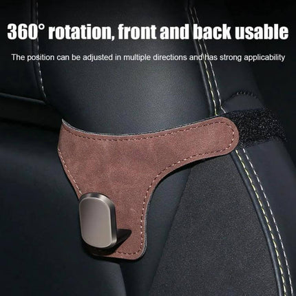 Car Seat Back Hanger Hook For Backseat Storage Organizer brown PU hook attached to car seat showing 360° rotation and strap