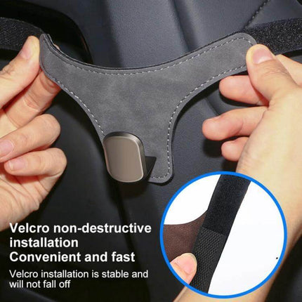Car Seat Back Hanger Hook For Backseat Storage Organizer showing PU hook with velcro strap installation preventing items from falling into footwell