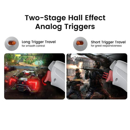 GameSir Controller for Everyday Gaming on PC and Mobile showing two-stage hall effect analog triggers with long and short trigger travel for smooth control and responsiveness