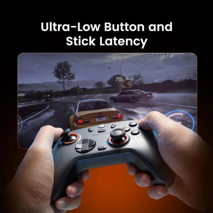 GameSir Controller for Everyday Gaming on PC and Mobile showing hands holding controller with racing game on screen