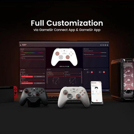 GameSir Controller for Everyday Gaming on PC and Mobile showing two customizable controllers connected to PC, mobile and Switch