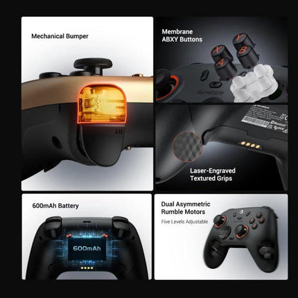 GameSir Controller for Everyday Gaming on PC and Mobile showing mechanical bumper, ABXY membrane buttons, textured grips, 600mAh battery and dual rumble motors