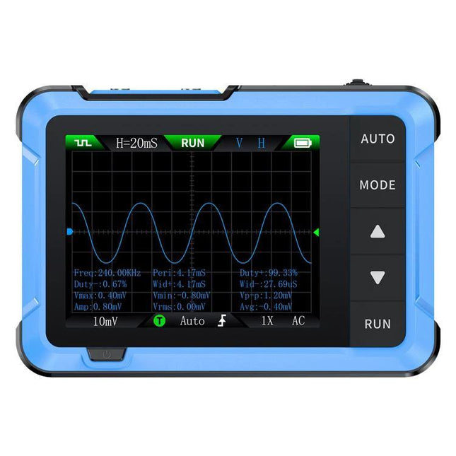 FNIRSI DSO510 Handheld Oscilloscope for Signal Measurement showing waveform on portable blue handheld unit