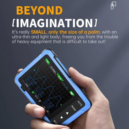 FNIRSI DSO510 Handheld Oscilloscope for Signal Measurement in palm-sized blue handheld device displaying waveform for field diagnostics