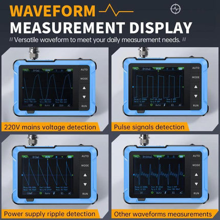 FNIRSI DSO510 Handheld Oscilloscope for Signal Measurement showing waveform measurement display for mains, pulse, ripple and other signals