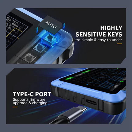 FNIRSI DSO510 Handheld Oscilloscope for Signal Measurement showing highly sensitive keys and Type-C port for charging and firmware upgrades