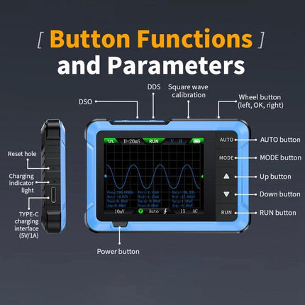 FNIRSI DSO510 Handheld Oscilloscope for Signal Measurement showing front display, button functions and side charging port