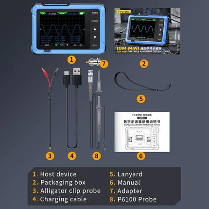FNIRSI DSO510 Handheld Oscilloscope for Signal Measurement showing device, probes, charging cable, lanyard and manual
