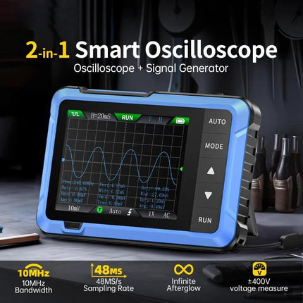 FNIRSI DSO510 Handheld Oscilloscope for Signal Measurement showing waveform on portable 2-in-1 smart oscilloscope with signal generator