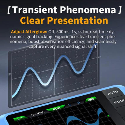 FNIRSI DSO510 Handheld Oscilloscope for Signal Measurement showing transient phenomena clear presentation and waveform display
