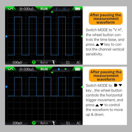 FNIRSI DSO510 Handheld Oscilloscope for Signal Measurement showing paused square waveforms on dual screenshots for field diagnostics