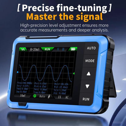 FNIRSI DSO510 Handheld Oscilloscope for Signal Measurement - portable blue handheld oscilloscope displaying waveform for field troubleshooting and waveform analysis
