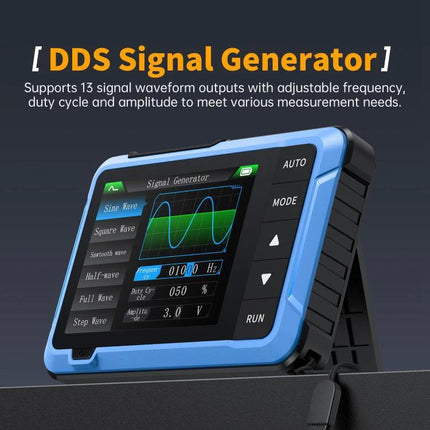 FNIRSI DSO510 Handheld Oscilloscope for Signal Measurement showing DDS signal generator waveform display and portable blue handheld unit