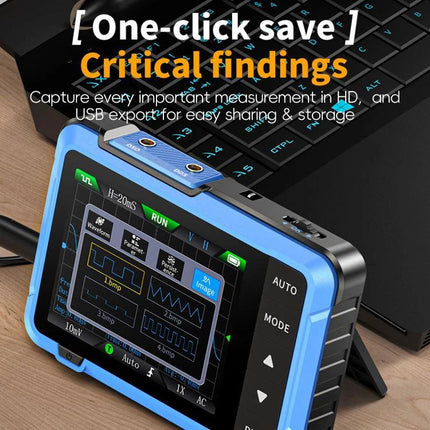 FNIRSI DSO510 Handheld Oscilloscope for Signal Measurement showing waveform display, compact blue handheld scope on desk for field diagnostics