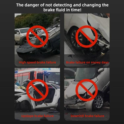 A Simple Tool for Checking Brake Fluid in Vehicle Maintenance - high-precision probe prevents brake failure shown in crash warning image