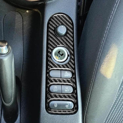 Carbon Fiber Rear Mirror Switch Frame Sticker for Seat Leon fitted over switch panel showing carbon fiber weave accent