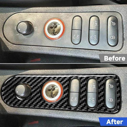 Carbon Fiber Rear Mirror Switch Frame Sticker for Seat Leon installed on door panel showing before and after carbon fiber weave trim