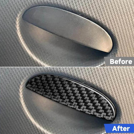 Carbon Fiber Car Seat Storage Box Handle Decorative Sticker on SEAT Leon interior before and after application, carbon fiber texture protective cover