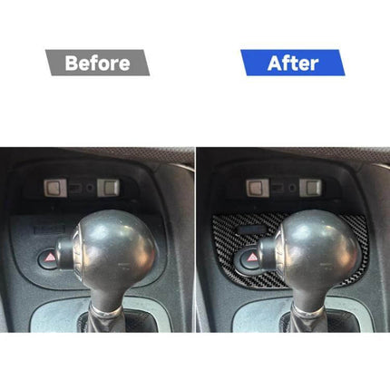 Carbon Fiber Water Cup Panel Sticker for SEAT Left Driver installed on driver-side cup panel before and after comparison showing textured carbon fiber veneer