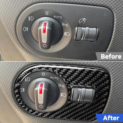 Carbon Fiber Headlight Switch Panel Sticker for SEAT Leon shown in before and after interior application