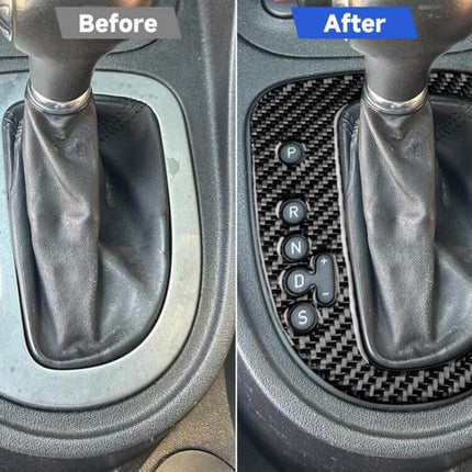 Carbon Fiber Gear Position Panel Decorative Sticker For Seat Leon Left Driver showing before and after fit on gear selector surrounding panel