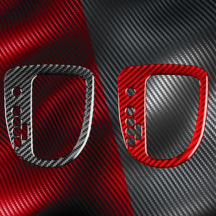 Carbon Fiber Gear Position Panel Decorative Sticker For Seat Leon Left Driver shown in carbon fiber black and red pair with textured finish