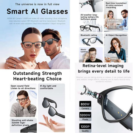 Compact Glasses for Recording Everyday Travel Moments shown as stylish smart AI glasses with 8MP camera for hands-free travel photos and videos