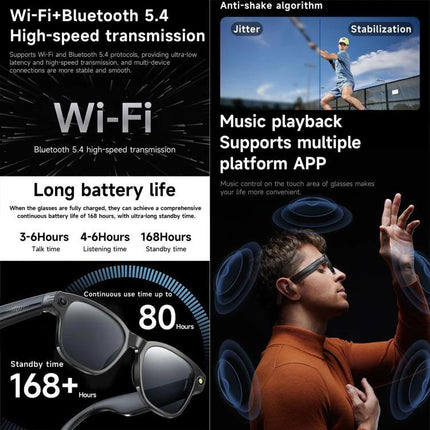 Compact Glasses for Recording Everyday Travel Moments with 8MP camera, Wi‑Fi, Bluetooth 5.4, anti‑shake and long battery life for hands‑free travel recording