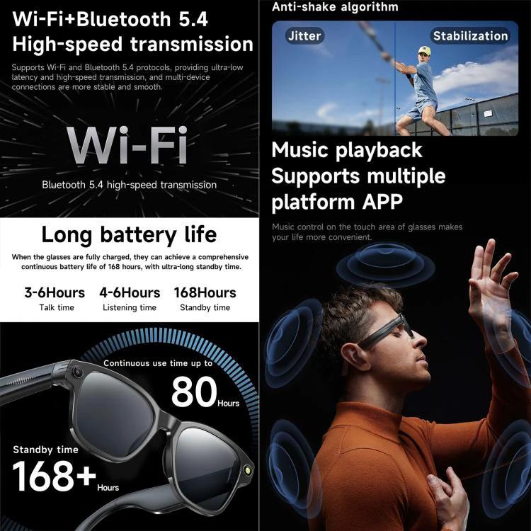 Compact Glasses for Recording Everyday Travel Moments with 8MP camera, Wi‑Fi, Bluetooth 5.4, anti‑shake and long battery life for hands‑free travel recording
