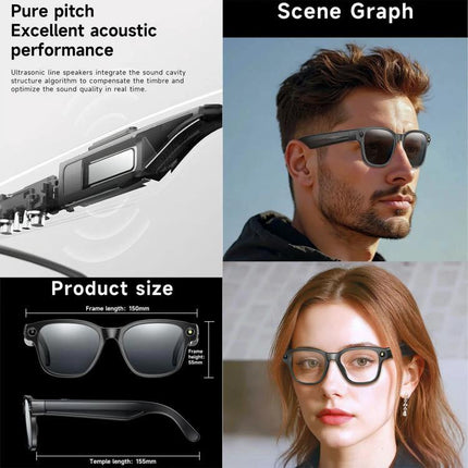 Compact Glasses for Recording Everyday Travel Moments with 8MP camera, hands-free travel video and photo capture, sleek black frame