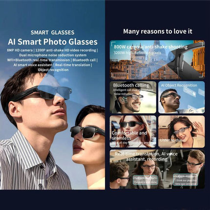 Versatile Smart Glasses for Daily Memories and Outings - hands-free 8MP camera, anti-shake photos, real-time translation and Bluetooth calling for travel