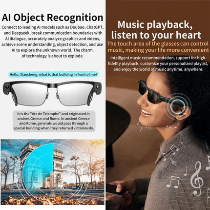 Versatile Smart Glasses for Daily Memories and Outings showing AI object recognition, 8MP camera, anti-shake and music playback features