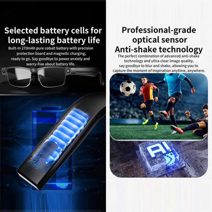 Versatile Smart Glasses for Daily Memories and Outings showing anti-shake 8MP camera, long-lasting battery cells and hands-free photo/video capture