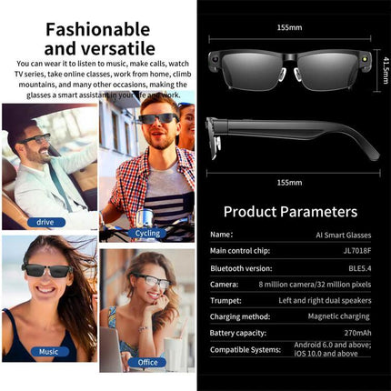 Versatile Smart Glasses for Daily Memories and Outings with 8MP anti-shake camera, Bluetooth, magnetic charging and hands-free photo/video capture