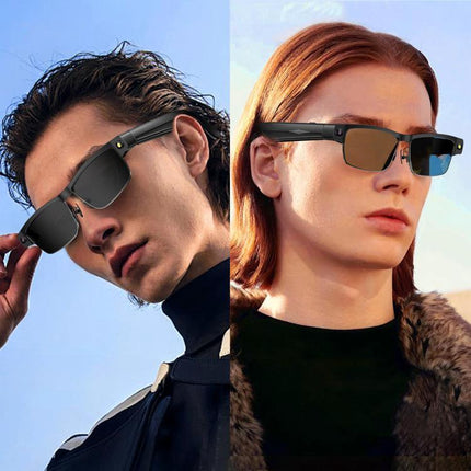 Versatile Smart Glasses for Daily Memories and Outings showing two people wearing sunglasses-style smart glasses with 8MP camera and anti-shake for hands-free photos