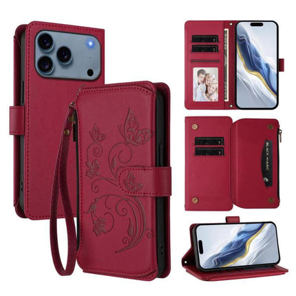 Red floral PU wallet phone case showing card slots, zipper pocket and stand function - Leather Phone Case With Wallet For Everyday Use
