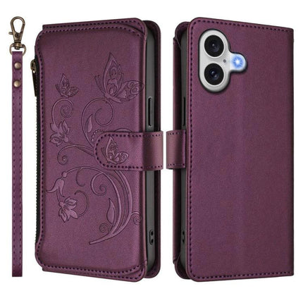 Wallet Phone Case for iPhone With Card Slots - purple floral zippered folio with detachable wrist strap