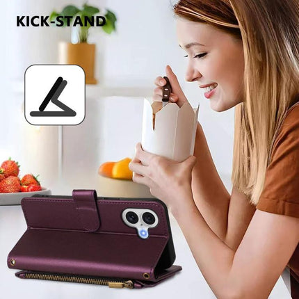 Wallet Phone Case for iPhone With Card Slots shown as a purple zip wallet case with kick-stand holding phone hands-free